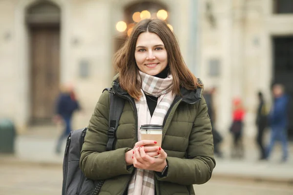 Coffee Lover Concept Happy Smiling Young Woman Drinking Hot Beverage — Fotografia de Stock