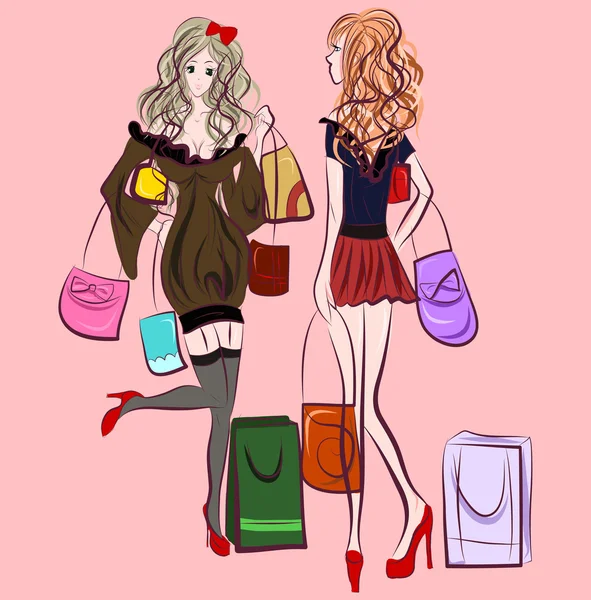 Shopping filles avec des sacs — Image vectorielle