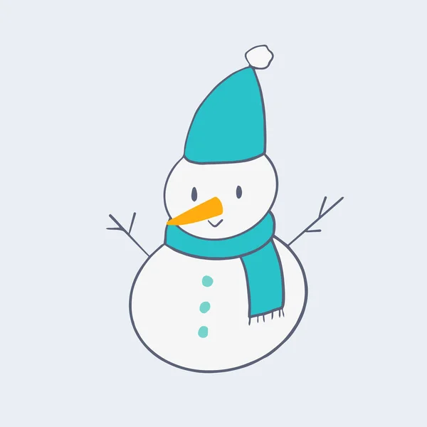 Leuke sneeuwpop met blauwe sjaal en hoed — Stockvector