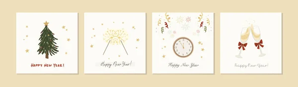 Conjunto de lindas tarjetas de felicitación de Año Nuevo cuadradas dibujadas a mano — Archivo Imágenes Vectoriales