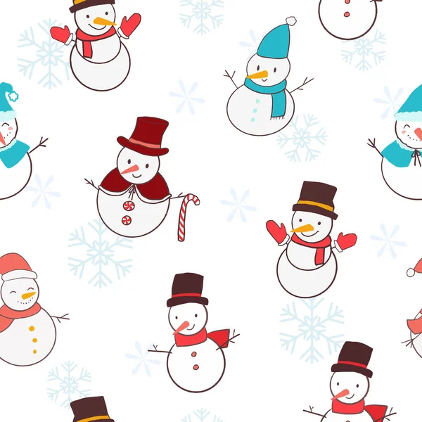 Modèle sans couture avec dessiné à la main différents bonhommes de neige et flocons de neige — Image vectorielle
