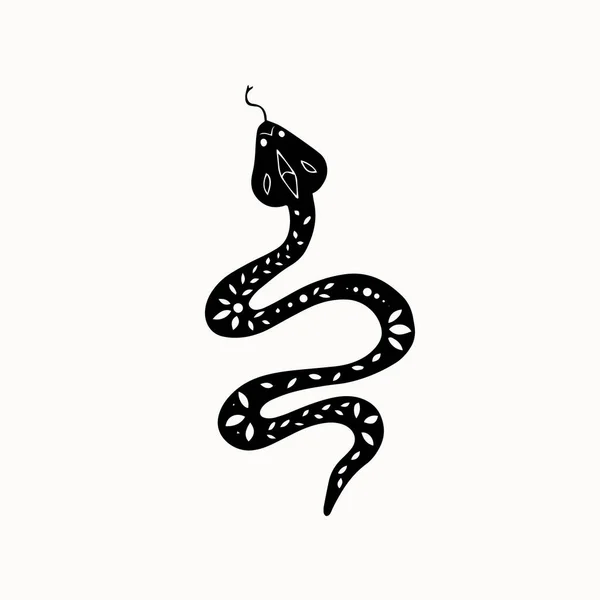 Sztuka Linii Mistycznego Ezoterycznego Czarnego Węża Ornamentem Środku Ręcznie Rysowany — Wektor stockowy
