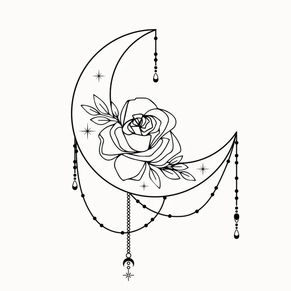Línea de arte de la luna creciente decorativa esotérica mística con estrellas y rosa Ilustraciones De Stock Sin Royalties Gratis