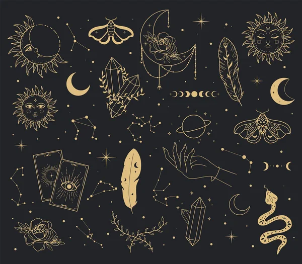 Conjunto de elementos místicos de brujería celestial estética dorada en la oscuridad Ilustraciones De Stock Sin Royalties Gratis