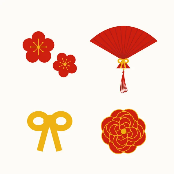 Conjunto de elementos de fiesta asiáticos aislados planos, flores, nudo de lazo, abanico sensu — Vector de stock