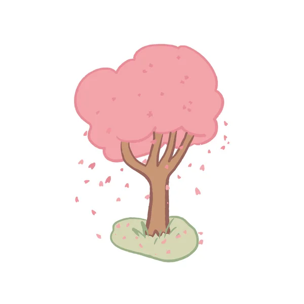 花びらと草が落ちているピンクの桜を手描きのイラスト かわいい子供たちの絵 日本の花見春の桜の木 ベクターイラスト — ストックベクタ