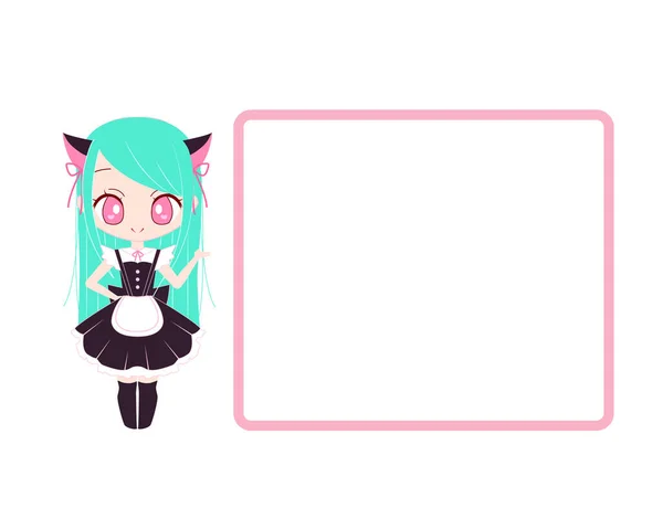 Design Template Cute Chibi Anime Nekomimi Maid Green Hair Banner — Stock Vector