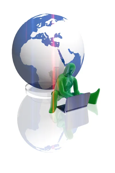 Figure working with laptop and earth globe — Stock Photo, Image