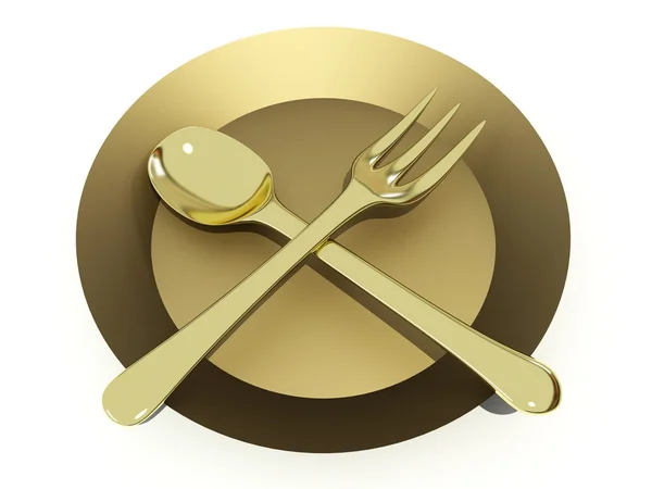 Golden spoon and fork on plate — Stock Photo, Image