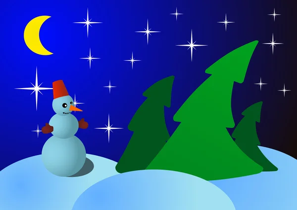 Boneco de neve na noite de Natal na floresta —  Vetores de Stock