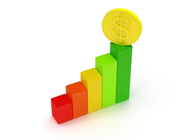 Gráfico de barras coloridas com moeda de dólar — Fotografia de Stock