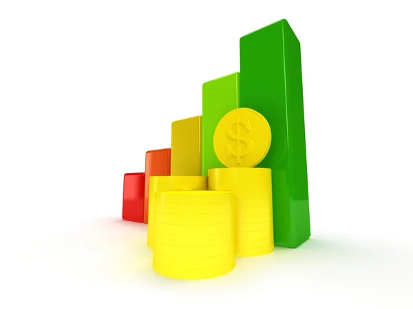 Colored bar graph with dollar coins — Stock Photo, Image