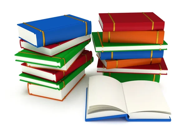 3d Stacks of Books and open book on white back — Stock Photo, Image