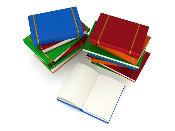 3d Stacks of Books and open book on white back — Stock Photo, Image
