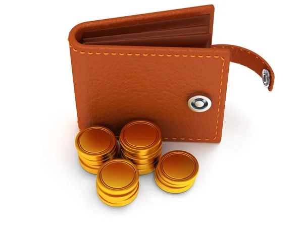3d of open leather wallet and coins on white — Stock Photo, Image