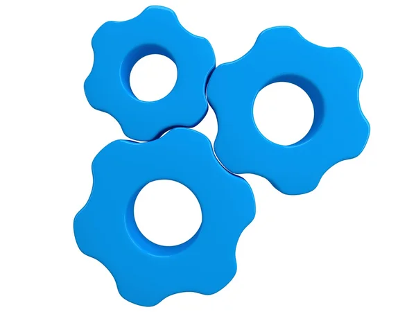 Tre blå gears. isolerade render på en vit — Stockfoto