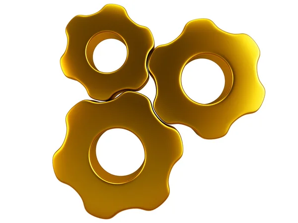 Three golden gears. Isolated render on a white — Stock Photo, Image