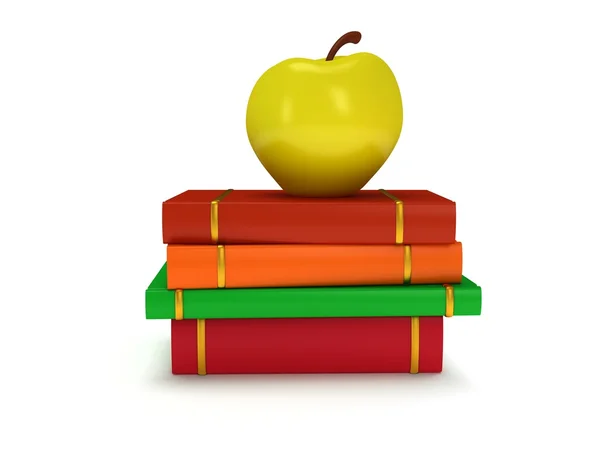 Multicolored book tower with yellow apple — Stock Photo, Image
