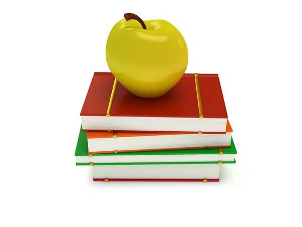 Multicolored book tower with yellow apple — Stock Photo, Image