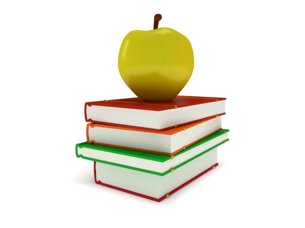 Multicolored book tower with yellow apple — Stock Photo, Image