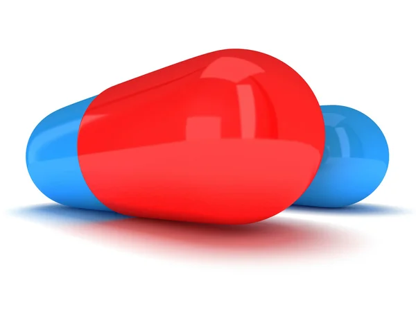 Twee halve rode halve blauwe pil capsule. 3D — Stockfoto