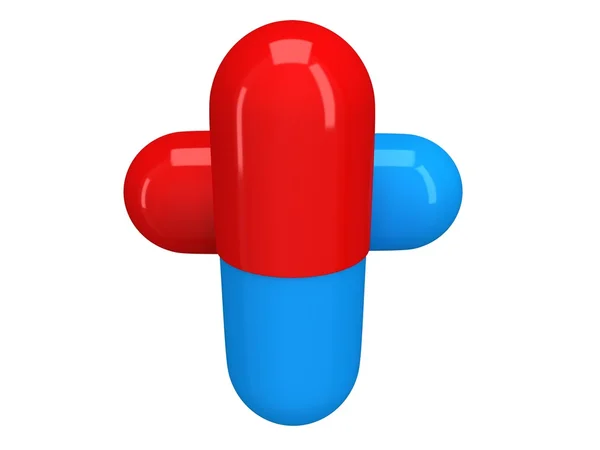 Twee halve rode halve blauwe pil capsule. 3D — Stockfoto