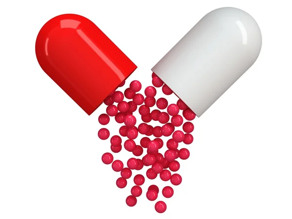 Opened red white pill capsule. 3D — Stock Photo, Image