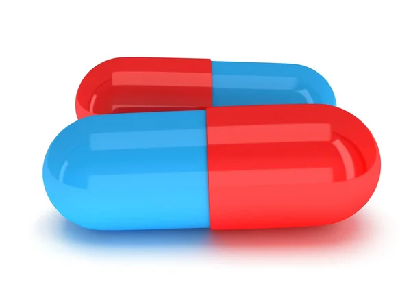 Twee halve rode halve blauwe pil capsule. 3D — Stockfoto