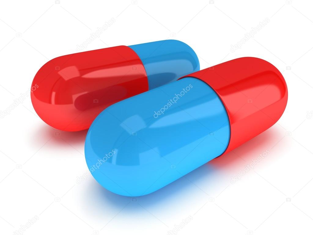 Two Half red half blue pill capsule. 3D Photo by 34178085