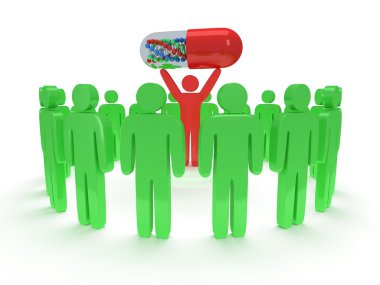 kırmızı hapı adamla etrafında yeşil insanlar. 3D render.