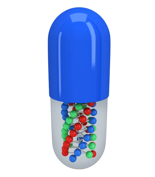 Halve blauwe pil capsule met dna keten binnen. 3Dполовина Блакитна пігулка капсула, ланцюг ДНК в межах. 3D — Stockfoto