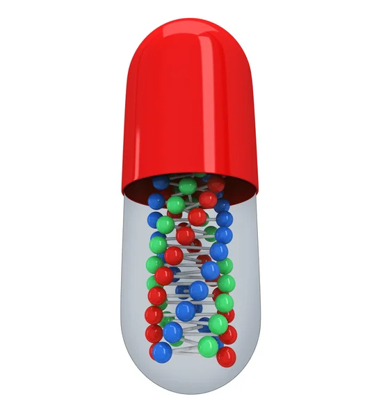 Mezza capsula di pillola rossa con catena del DNA all'interno. 3D — Foto Stock