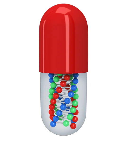 Mezza capsula di pillola rossa con catena del DNA all'interno. 3D — Foto Stock