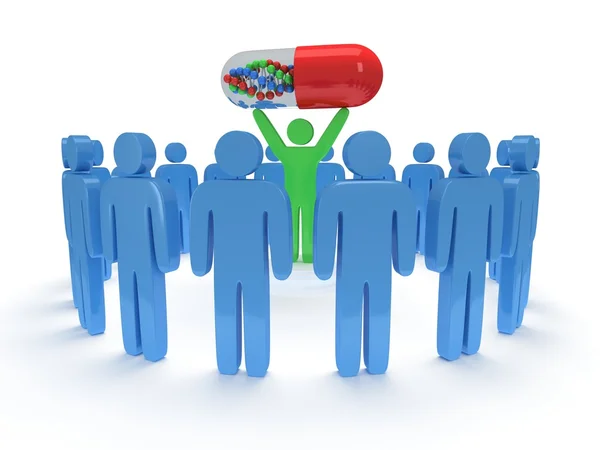 Blå folket runt gröna mannen med p-piller. 3D render. — Stockfoto