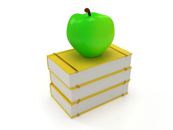 Torre de livro amarelo com maçã verde — Fotografia de Stock