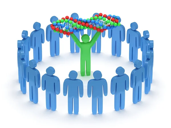 Gente blu intorno a un uomo verde con catena di DNA. 3D . — Foto Stock