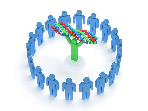 Голубые люди вокруг зеленого человека с цепью ДНК. 3D . — стоковое фото
