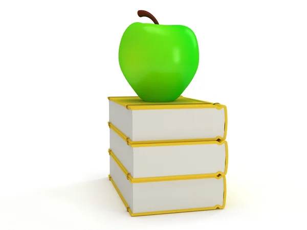 Gelber Bücherturm mit grünem Apfel — Stockfoto