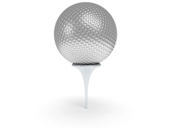 Серебряный мяч для гольфа на ти изолирован на белом. 3d . — стоковое фото