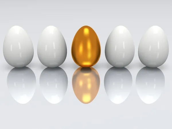 Golden egg in a row of the white eggs. 3D. — Stock Photo, Image