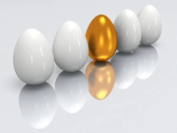 Golden egg in a row of the white eggs. 3D. — Stock Photo, Image