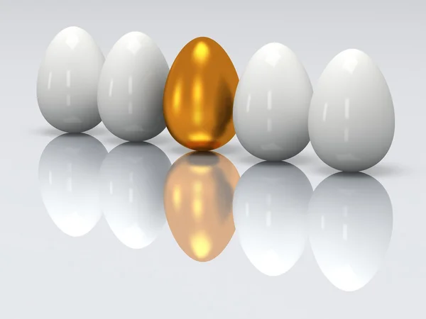 Goldenes Ei in einer Reihe der weißen Eier. 3d. — Stockfoto