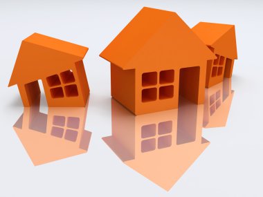 yansıması ile üç turuncu ev. 3D render.