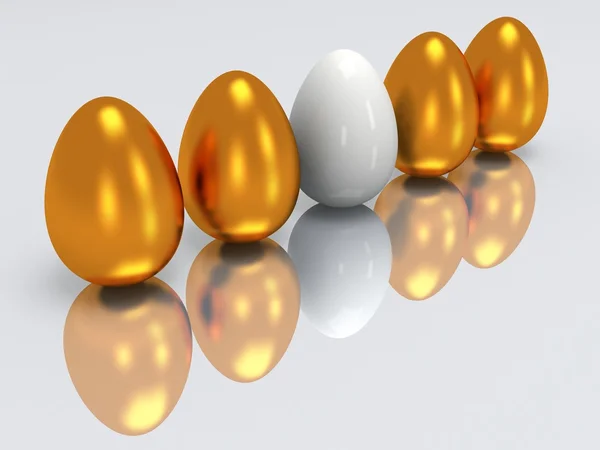 White egg in a row of golden eggs. 3D. — Stock Photo, Image