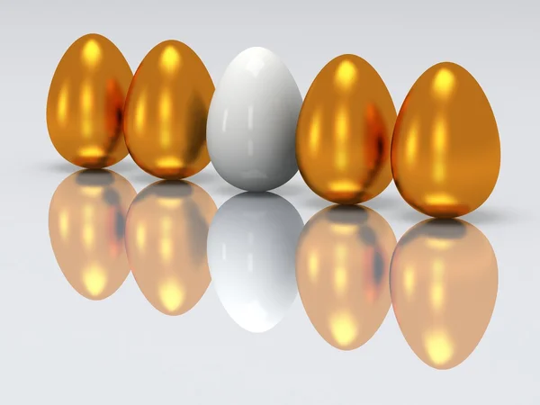 White egg in a row of golden eggs. 3D. — Stock Photo, Image