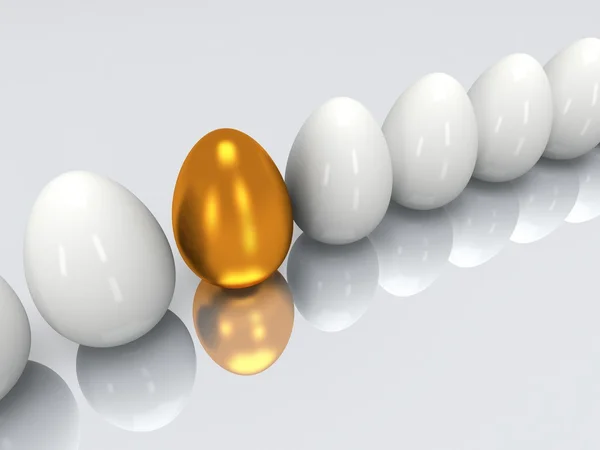 Golden egg in a row of the white eggs. 3D. — Stock Photo, Image