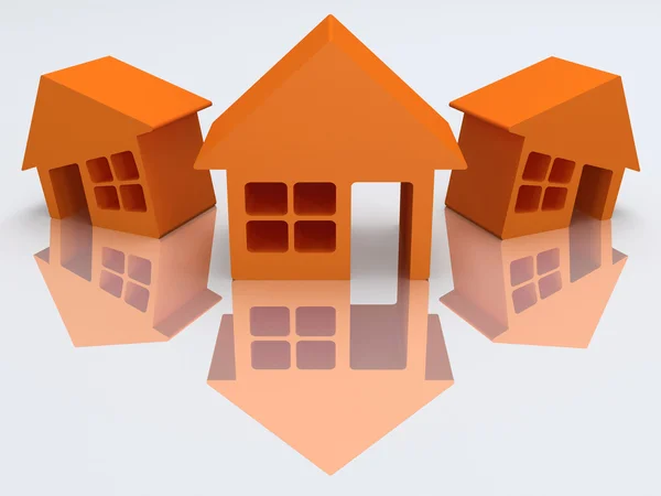 Three orange houses with reflection. 3d render. — Stock Photo, Image