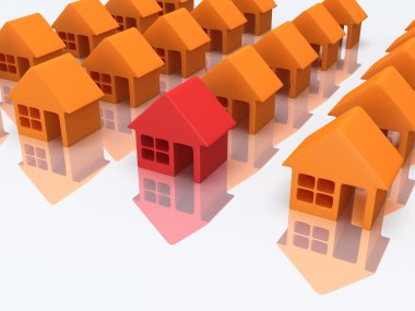 Turuncu evleri ve yansıması ile kırmızı. 3D render.