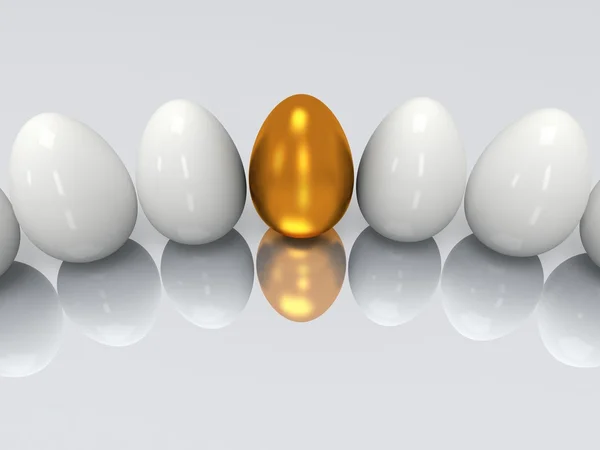 Golden egg in a row of the white eggs. 3D. — Stock Photo, Image