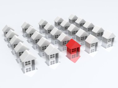 beyaz boş evleri ve kırmızı olan. 3D render.